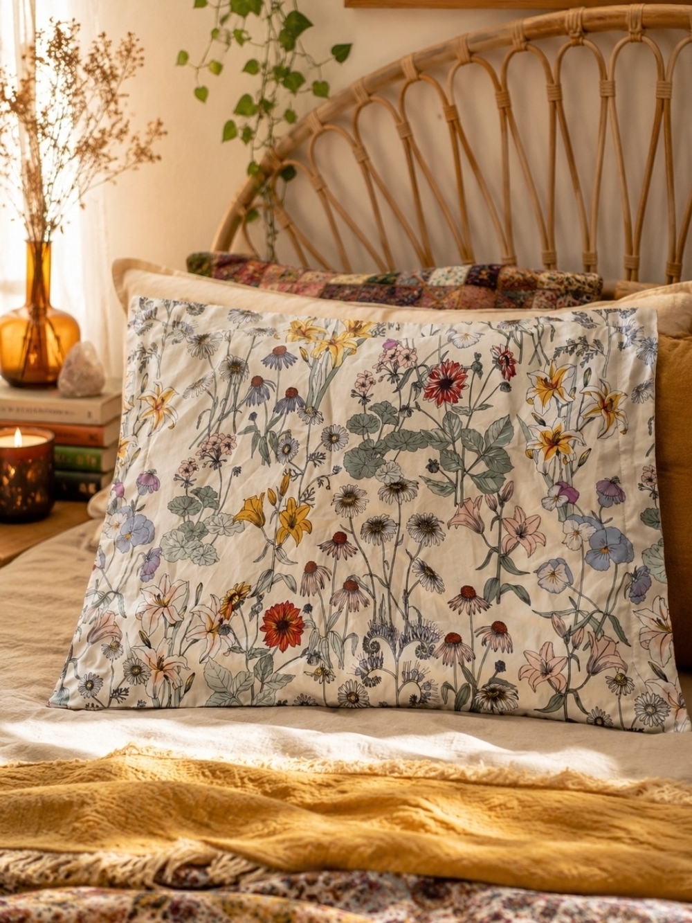 4/$15 Vintage Boho Bedroom Home Decor Floral Cotton Pillow Sham in Cream